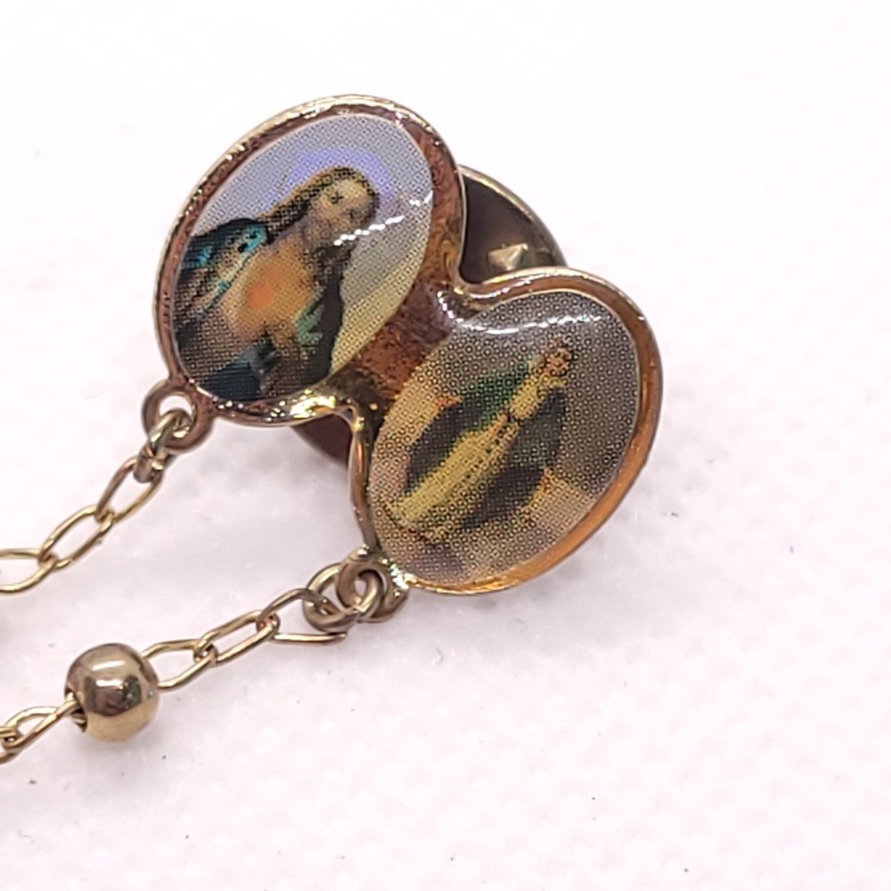 Vintage Catholic Rosary Lapel Pin Sacred Heart Jesus Saint Medal Cross Gold Tone